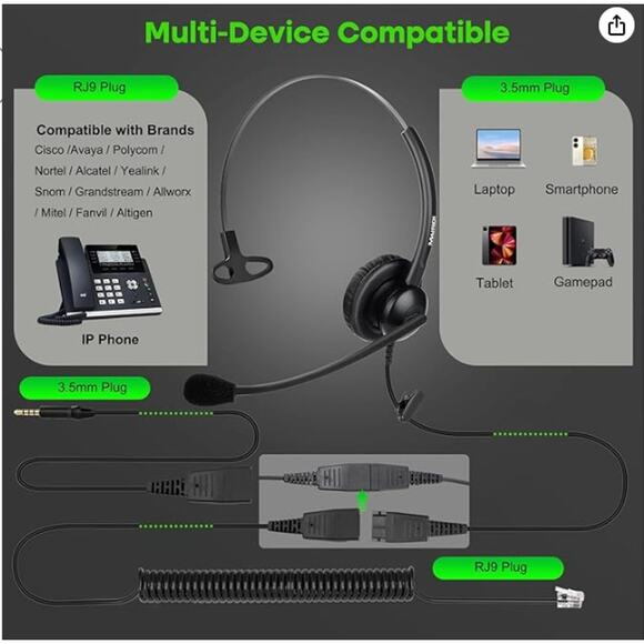 Office Headset with RJ9 Jack for Cisco Phone with Mic Noise Cancelling, Black - Picture 2 of 5